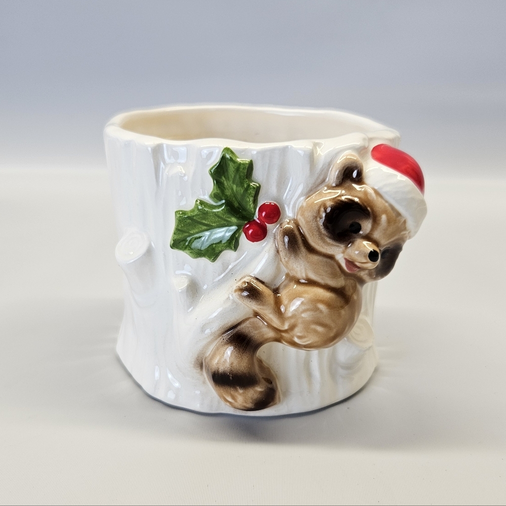 Vintage Lunds Lites Christmas Raccoon Santa Holly White Tree Candle Small Japan